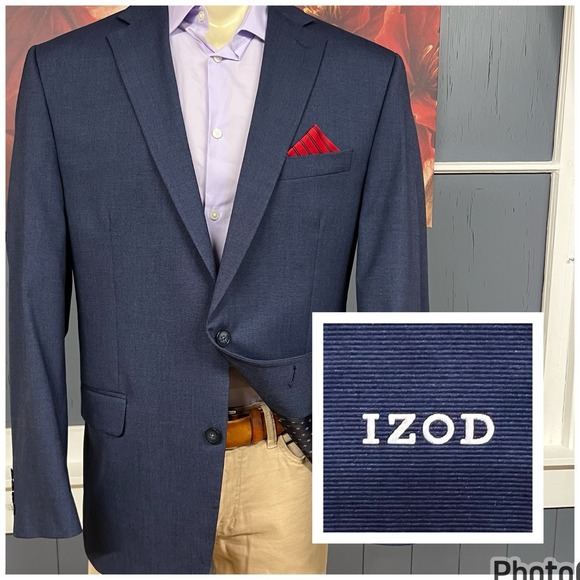 IZOD Blazer Jacket Sport Coat Mens 44L Long Polyester Blend Stretch Navy